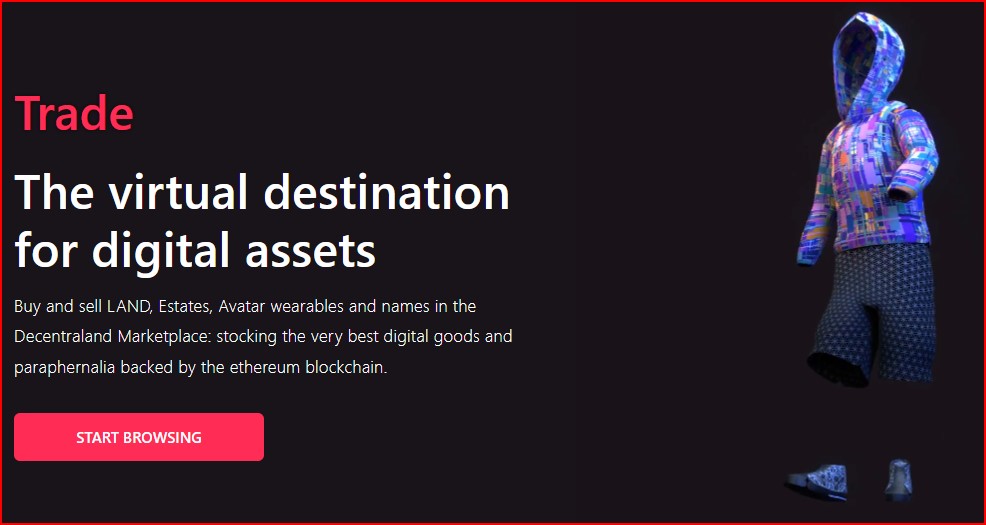 Decentraland  é um mundo virtual que permite comprar e vender terrenos virtuais utilizando MANA um token baseado em Ethereum.